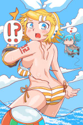 Rule 34 | !?, 2girls, absurdres, alternate breast size, ass, back, backboob, ball, beachball, bikini, blonde hair, blue eyes, blush, bow, breasts, butt crack, cloud, fang, hair bow, hatsune miku, headphones, highres, kagamine rin, large breasts, multiple girls, musical note, necktie, notice lines, ocean, open mouth, outdoors, psboy, redrawn, short hair, skin fang, sky, spoken musical note, standing, striped bikini, striped clothes, surprised, swimsuit, tattoo, topless, untied bikini, vocaloid, wading, wardrobe malfunction, water, wet, white bow