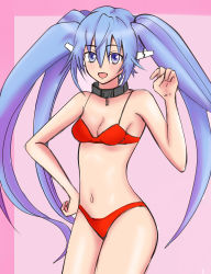 Rule 34 | 1girl, absurdres, angel pena (angelox), bikini, blue eyes, blue hair, breasts, collar, cowboy shot, hand on own hip, highres, long hair, matching hair/eyes, nymph (sora no otoshimono), quad tails, red bikini, robot ears, small breasts, solo, sora no otoshimono, swimsuit