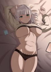 Rule 34 | 1girl, absurdres, bed sheet, black choker, black panties, black tank top, blush, braid, breasts, choker, clothes lift, condom, condom wrapper, french braid, green eyes, highres, hololive, large breasts, looking at viewer, lying, navel, new sankin nyu, off-shoulder sweater, off shoulder, on back, panties, pillow, ribbed sweater, shirogane noel, shirogane noel (casual), short hair, silver hair, smile, solo, sweater, sweater lift, tank top, underboob, underwear, virtual youtuber, white sweater