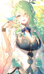 Rule 34 | 1girl, antlers, bird, bow, bowtie, braid, braided bangs, branch, breasts, brooch, ceres fauna, cleavage, dress, flower, framed breasts, green flower, green hair, hair between eyes, hand up, highres, hololive, hololive english, horns, jewelry, large breasts, long hair, long sleeves, looking at viewer, nail polish, open mouth, rose, single braid, smile, solo, toosaka asagi, upper body, virtual youtuber, white dress, wide sleeves, yellow eyes