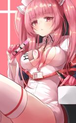 Rule 34 | 1girl, azur lane, blush, bow, breasts, closed mouth, gloves, hair bow, highres, long hair, looking at viewer, medium breasts, miimu (nelreg3), nurse, perseus (azur lane), perseus (unfamiliar duties) (azur lane), pink gloves, pink hair, red eyes, simple background, solo, thighhighs, thighs, twintails, white thighhighs