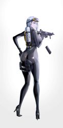 Rule 34 | 1girl, 9h, absurdres, ass, assault rifle, bodysuit, breasts, closed mouth, earpiece, expressionless, from behind, full body, goggles, goggles on head, grey eyes, grey hair, gun, high heels, highres, holding, holding gun, holding weapon, holster, large breasts, m4 carbine, magazine (weapon), mk 18 carbine, original, oxygen tank, pink eyes, reloading, rifle, sideboob, simple background, skin tight, solo, standing, thigh holster, thighs, trigger discipline, watch, weapon, white background, white hair