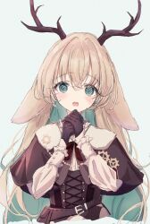 Rule 34 | 1girl, @ @, absurdres, animal ears, antlers, belt, black gloves, blonde hair, blue background, blue eyes, blue hair, blush, brown belt, brown capelet, brown corset, capelet, colored inner hair, commentary request, corset, deer ears, gloves, highres, horns, long hair, long sleeves, looking at viewer, medium bangs, multicolored hair, nanashi inc., open mouth, own hands together, shirt, shishishi, simple background, solo, tsukinoki tirol, upper body, virtual youtuber, white shirt
