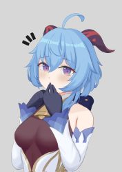 Rule 34 | ahoge, bare shoulders, bell, blue hair, blush, breasts, covering own mouth, curled horns, detached sleeves, ganyu (genshin impact), genshin impact, gold trim, highres, horns, looking at viewer, medium breasts, multicolored eyes, neck bell, solo, taiko bo, white sleeves