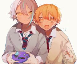 Rule 34 | 2boys, aqua hair, blue necktie, blush, brown cardigan, cardigan, closed mouth, collared shirt, commentary, controller, diagonal-striped clothes, diagonal-striped necktie, double-parted bangs, fingernails, game controller, grey cardigan, hair between eyes, highres, holding, holding controller, holding game controller, i9sas, kamishiro rui, kamiyama high school uniform (project sekai), light purple hair, long sleeves, looking at viewer, loose necktie, male focus, multicolored hair, multicolored necktie, multiple boys, necktie, open collar, open mouth, orange eyes, orange hair, project sekai, red necktie, school uniform, shirt, side-by-side, simple background, sleeves past elbows, sleeves past wrists, sleeves rolled up, striped clothes, striped necktie, sweat, tenma tsukasa, two-tone hair, upper body, white background, white necktie, white shirt, wide-eyed, yellow eyes