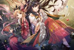 Rule 34 | 2girls, :d, arm wrap, backlighting, bare shoulders, black hair, black ribbon, blonde hair, blush, bow, closed mouth, constellation, crown, detached sleeves, earrings, ereshkigal (fate), fate/grand order, fate (series), feet out of frame, floating, frilled sleeves, frills, fur-trimmed collar, fur trim, gem, geta, glint, hair bow, hair ornament, hair ribbon, hair stick, hakama, hakama skirt, hand fan, hand in own hair, hand on own chest, hand up, hirai yuzuki, holding, holding fan, hoop earrings, ishtar (fate), japanese clothes, jewelry, kimono, light particles, long hair, long sleeves, looking at viewer, multiple girls, nail polish, open mouth, parted bangs, platform clogs, red bow, red eyes, red hakama, red kimono, red nails, ribbon, round teeth, skirt, skull, smile, socks, spread fingers, tabi, tassel, teeth, tiara, tohsaka rin, two side up, very long hair, white kimono, white legwear, wide sleeves
