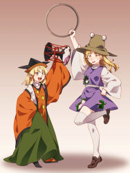 Rule 34 | &gt; &lt;, 2girls, alternate costume, animal print, arm up, black footwear, blonde hair, brown footwear, collared shirt, cosplay, costume switch, detached sleeves, drum, frog print, full body, gradient background, green skirt, hair ribbon, hat, highres, holding, instrument, long hair, long skirt, long sleeves, matara okina, matara okina (cosplay), miniskirt, moriya&#039;s iron rings, moriya suwako, moriya suwako (cosplay), multiple girls, open mouth, purple skirt, purple vest, pyonta, red ribbon, ribbon, shadow, shikido (khf), shirt, shoes, short hair, skirt, sleeves past wrists, standing, standing on one leg, tabard, teeth, thighhighs, tongue, touhou, tsuzumi, turtleneck, vest, white shirt, wide sleeves, yellow eyes, zettai ryouiki