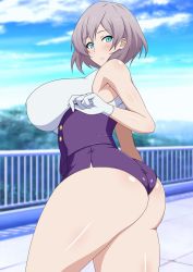 Rule 34 | 1girl, absurdres, aqua eyes, ass, bare shoulders, blush, breasts, cloud, cloudy sky, corset, curvy, gloves, gridman universe, highres, huge breasts, light purple hair, looking at viewer, mujina, narrow waist, outdoors, plump, purple corset, railing, shiny skin, short hair, short shorts, shorts, sky, solo, space gorilla, ssss.dynazenon, thick thighs, thighs, tile roof, white gloves