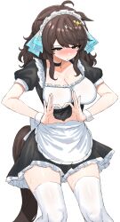 Rule 34 | 1girl, absurdres, ahoge, alternate costume, animal ears, black hair, blush, breasts, cleavage, commentary request, daring tact (umamusume), embarrassed, enmaided, hair ornament, heart, heart hands, highres, horse ears, horse girl, horse tail, kumiyabe, maid, maid headdress, medium breasts, medium hair, open mouth, solo, sweat, tail, thighhighs, umamusume, white background
