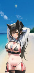 Rule 34 | 1girl, :p, absurdres, animal ears, arms up, atago (azur lane), atago (space atago) (greyeth) (azur lane), azur lane, beach, bikini, black bikini, black hair, black panties, breasts, cameltoe, character name, cloud, commission, cropped jacket, dog ears, dong ji, female pubic hair, heat shield tile, highres, japanese flag, large breasts, long hair, mole, mole under eye, multicolored hair, panties, pubic hair, pubic hair peek, remove before flight tag, rocket, single thighhigh, sky, streaked hair, swimsuit, thigh strap, thighhighs, tongue, tongue out, underwear, yellow eyes