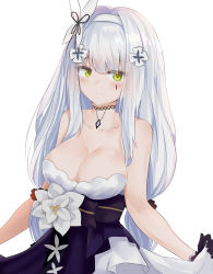 Rule 34 | 1girl, absurdres, alternate hairstyle, bare arms, bare shoulders, black bow, black choker, black gloves, blunt bangs, blush, bow, breasts, choker, cleavage, clothes lift, collarbone, dress, dress lift, earrings, eyes visible through hair, flower, gem, girls&#039; frontline, gloves, green eyes, hair flower, hair ornament, hair ribbon, hairband, heart, heart-shaped pupils, highres, hk416 (girls&#039; frontline), hk416 (starry cocoon) (girls&#039; frontline), jewelry, layered dress, long hair, looking at viewer, medium breasts, multi-tied hair, official alternate costume, pendant, ribbon, rose, ru zhai, silver hair, simple background, smile, solo, strapless, strapless dress, symbol-shaped pupils, very long hair, white background, white flower, white hairband, white ribbon, white rose