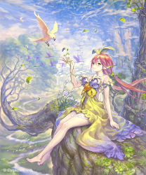 Rule 34 | 10s, 1girl, bare legs, bare shoulders, barefoot, bird, breasts, colored skin, commentary, company name, cygames, day, dress, fantasy, feathers, flower, food, foot dangle, from side, fruit, granblue fantasy, green eyes, hair between eyes, hand up, highres, hisakata souji, in tree, landscape, leaf, leaf on head, legs together, long hair, looking away, looking up, low twintails, monster girl, multicolored clothes, multicolored dress, nature, outdoors, parted lips, plant, plant girl, pointy ears, red hair, river, shingeki no bahamut, sitting, sitting in tree, sky, smile, strapless, strapless dress, tree, twintails, vines, white skin, yggdrasill (granblue fantasy)