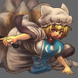Rule 34 | 1girl, animal hat, blonde hair, blush, breasts, bright pupils, brown eyes, chanta (ayatakaoisii), dress, fox tail, grey background, hat, holding, large breasts, long sleeves, looking at viewer, mob cap, multiple tails, open mouth, shadow, short hair, simple background, solo, tabard, tail, touhou, white dress, white hat, white pupils, yakumo ran