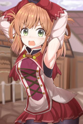 Rule 34 | 1girl, armpits, arms up, black pantyhose, blurry, blurry background, blush, breasts, brown hair, commentary request, cross-laced clothes, cross-laced top, detached sleeves, gloves, green eyes, hair rings, highres, looking at viewer, masa masa, medium breasts, open mouth, pantyhose, princess connect!, rino (princess connect!), short shorts, shorts, sleeveless, solo