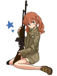 Rule 34 | 1girl, bar (place), blue eyes, blush, chikiso, francie gerard, gun, long hair, m1918 browning automatic rifle, machine gun, machine rifle, military, military uniform, no socks, orange hair, sitting, solo, star (symbol), strike witches, strike witches: katayoku no majo-tachi, twintails, uniform, wariza, weapon, world witches series