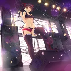 Rule 34 | 1girl, :d, bikini, bikini bottom only, black hair, breasts, garnet, microphone, microphone stand, open mouth, original, red eyes, short hair, smile, solo, swimsuit, thighhighs, underboob