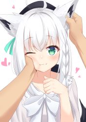 Rule 34 | 1girl, absurdres, ahoge, animal ears, beret, black headwear, blouse, blush, bow, braid, cheek squash, closed mouth, commentary, eyelashes, fox ears, green eyes, grey shirt, hand on another&#039;s cheek, hand on another&#039;s face, hat, headpat, heart, highres, hololive, long hair, looking at viewer, one eye closed, pov, shirakami fubuki, shirakami fubuki (street), shirt, side braid, simple background, smile, solo focus, starkamisan, upper body, virtual youtuber, white background, white bow, white hair