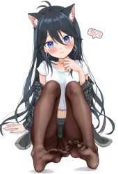 Rule 34 | 1girl, 3:, animal ears, antenna hair, black hair, blue eyes, blush, brown pantyhose, cat ears, choker, closed mouth, commission, crotch seam, earrings, feet, full body, hair between eyes, head tilt, highres, jewelry, long hair, looking at viewer, midriff, navel, off shoulder, original, pantyhose, plaid, second-party source, simple background, sitting, solo, soulworker, spoken blush, thighband pantyhose, very long hair, white background