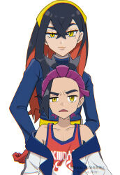 Rule 34 | 1boy, 1girl, black hair, blue jacket, brother and sister, carmine (pokemon), chromatic aberration, closed mouth, collarbone, commentary request, creatures (company), crossed bangs, eyelashes, furrowed brow, game freak, gloves, hair between eyes, hairband, half-closed eye, highres, jacket, kieran (pokemon), long hair, looking at viewer, mole, mole under eye, multicolored hair, nintendo, off shoulder, open mouth, p 0 a, pokemon, pokemon sv, purple hair, red gloves, shirt, siblings, simple background, tank top, two-tone hair, white background, white jacket, yellow eyes, yellow hairband