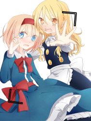 Rule 34 | 2girls, alice margatroid, apron, black dress, blonde hair, blue dress, blue eyes, blush, bow, brown eyes, buttons, capelet, dress, hairband, highres, kirisame marisa, long hair, long sleeves, multiple girls, no headwear, open mouth, outstretched arm, outstretched hand, petticoat, photo shoot, sash, touhou, tsuno no hito, waist apron