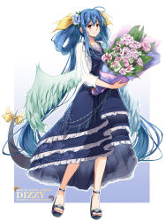 Rule 34 | 1girl, angel wings, asymmetrical wings, blue dress, blue hair, bouquet, character name, closed mouth, copyright name, dizzy (guilty gear), dress, english text, flower, full body, guilty gear, guilty gear strive, hair flower, hair ornament, hair ribbon, hair rings, high heels, highres, holding, holding bouquet, long hair, long sleeves, monster girl, nt50, red eyes, ribbon, smile, solo, tail, tail ornament, tail ribbon, twintails, wings, yellow ribbon