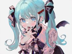 Rule 34 | 1girl, barbell piercing, bat wings, black bow, black bowtie, black nails, black skirt, black wings, blood, blouse, blue eyes, blue hair, bow, bowtie, commentary, detached wings, ear piercing, earrings, hair ornament, hatsune miku, heart, heart hair ornament, jewelry, leaning forward, long hair, long sleeves, looking at viewer, lunar (lunar 815), mask, mini wings, mouth mask, nail polish, open mouth, piercing, pink shirt, puffy long sleeves, puffy sleeves, ring, shirt, sidelocks, skirt, solo, twintails, upper body, vampire (vocaloid), vocaloid, wings