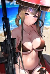 Rule 34 | 1girl, ahoge, alternate costume, anti-materiel rifle, bare shoulders, beach, beach umbrella, bikini, blast compensator, blue sky, blunt bangs, blurry, blurry background, blush, bolt-action rifle, bolt action, braid, breasts, brown bikini, brown hair, bullpup, character name, closed mouth, compensator, day, dsr-50, dsr-50 (girls&#039; frontline), girls&#039; frontline, gloves, groin, gun, half gloves, hand on own thigh, head tilt, highres, holding, holding gun, holding weapon, jewelry, large breasts, long hair, looking at viewer, ma azi, muzzle device, navel, necklace, ocean, outdoors, red eyes, rifle, sand, shade, shiny skin, sidelocks, sitting, sky, smile, sniper rifle, solo, stomach, suppressor, swimsuit, thighs, twitter username, umbrella, very long hair, weapon
