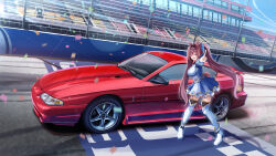 Rule 34 | 1girl, absurdres, animal ears, antenna hair, black thighhighs, blue jacket, blue skirt, blue sky, breasts, brown hair, car, center frills, commentary, commission, daiwa scarlet (umamusume), day, ford mustang, framed breasts, frilled shirt, frills, garter straps, hair intakes, highres, horse ears, horse girl, horse tail, jacket, juliet sleeves, large breasts, layered skirt, long hair, long sleeves, miniskirt, motor vehicle, outdoors, overskirt, pleated skirt, png pant (bus), pointing, puffy sleeves, racetrack, red eyes, road, shadow, shirt, skeb commission, skirt, sky, solo, sports car, stadium, tail, thighhighs, twintails, umamusume, vehicle focus, vehicle request, very long hair, white footwear, white shirt, white skirt, white thighhighs