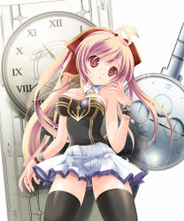 Rule 34 | 1girl, ahoge, bare shoulders, black thighhighs, breasts, character request, clock, long hair, looking at viewer, momoiro taisen pairon, nagato tamakichi, pink hair, red eyes, roman numeral, skirt, solo, thighhighs