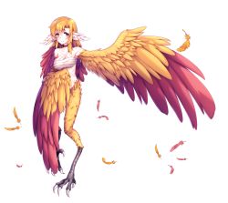 Rule 34 | 1girl, bandages, bandages, blonde hair, breasts, choker, feathered wings, feathers, full body, harpy, long hair, monster girl, multicolored hair, naked bandage, original, outstretched arm, red feathers, red hair, solo, talons, tattoo, transparent background, two-tone hair, winged arms, wings, yellow eyes, yellow feathers, yun (outsidey)