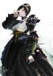 Rule 34 | 1girl, armor, black hair, black skirt, closed mouth, collar, commentary request, dress, gauntlets, glasses, looking at viewer, maid, maid headdress, overlord (maruyama), pauldrons, shoulder armor, skirt, solo, standing, tagame (tagamecat), yuri alpha