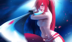 Rule 34 | 1girl, artist name, blush, breasts, d-han, erza scarlet, fairy tail, foreshortening, hair over one eye, highres, long hair, looking at viewer, medium breasts, midriff, motion blur, navel, parted lips, petals, ponytail, red eyes, red hair, red lips, revision, sarashi, signature, solo, sword, tattoo, weapon