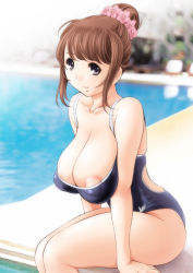 Rule 34 | 1girl, anegasaki nene, areola slip, bent over, breasts, brown hair, cleavage, competition school swimsuit, hair bun, huge breasts, kantori, love plus, mole, mole under eye, one-piece swimsuit, pasties, purple hair, school swimsuit, single hair bun, sitting, smile, solo, swimsuit
