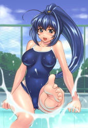 Rule 34 | 00s, 1girl, barefoot, blue eyes, blue hair, breasts, cameltoe, cleft of venus, competition school swimsuit, covered erect nipples, feet, hayase mitsuki, kimi ga nozomu eien, long hair, matching hair/eyes, one-piece swimsuit, ponytail, pool, school swimsuit, soles, solo, swimsuit, toes, yasuomi