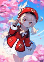 Rule 34 | 1girl, ahoge, asanogawa (tutufcc), blonde hair, dress, genshin impact, gloves, hand in own hair, hat, highres, klee (genshin impact), red dress, red eyes, red hat, short twintails, smile, solo, tree, twintails