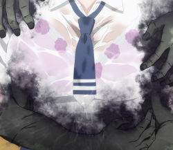 Rule 34 | 1girl, 1other, anime screenshot, blue necktie, bra, bra visible through clothes, breast focus, breasts, close-up, flower print, ghost, highres, lace, lace-trimmed bra, lace trim, large breasts, mieruko-chan, monster, necktie, open collar, pink bra, school uniform, screencap, see-through, shirt, stitched, third-party edit, underwear, w, wet, wet clothes, wet shirt, white shirt, yurikawa hana