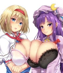 Rule 34 | 2girls, alice margatroid, asymmetrical docking, black bra, blonde hair, blue dress, blue eyes, blue ribbon, blush, bow, bra, breast press, breasts, capelet, commentary request, crescent, crescent hair ornament, dress, ebi 193, hair between eyes, hair bow, hair ornament, hairband, hat, hat ribbon, head tilt, huge breasts, long hair, looking at viewer, mob cap, multiple girls, neck ribbon, open mouth, patchouli knowledge, purple dress, purple eyes, purple hair, purple headwear, red bow, red hairband, red neckwear, ribbon, short hair, sidelocks, simple background, smile, touhou, underwear, white background, white bra, white capelet, yellow ribbon