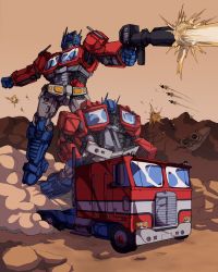 Rule 34 | 1980s (style), 1boy, absurdres, ark (transformers), autobot, blue eyes, clenched hand, commentary, dust, english commentary, firing, gun, highres, holding, holding gun, holding weapon, mecha, missile, motor vehicle, no humans, norkles, oldschool, optimus prime, retro artstyle, robot, semi truck, transformation, transformers, truck, weapon