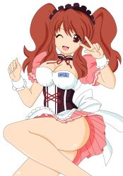Rule 34 | 1girl, absurdres, asahina mikuru, breasts, brown eyes, brown hair, cosplay, dress, highres, large breasts, legs, long hair, maid, miniskirt, open mouth, short dress, short twintails, shy, skirt, suzumiya haruhi no yuuutsu, thighs, twintails, vector trace, waitress, wink