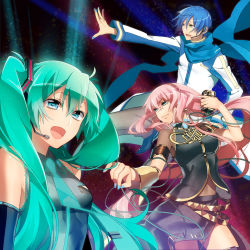 Rule 34 | 1boy, 2girls, :d, ahoge, aqua hair, aqua nails, armband, asymmetrical sleeves, bare shoulders, belt, black skirt, blue eyes, blue hair, blue nails, blue scarf, brooch, collared shirt, detached sleeves, gem, hair between eyes, happy, hatsune miku, headphones, headset, holding, holding microphone, jacket, jewelry, kaito (vocaloid), long hair, long skirt, long sleeves, looking at viewer, megurine luka, microphone, multiple belts, multiple girls, murakami yuichi, nail polish, navel, neck, necktie, open mouth, outstretched arm, outstretched hand, pink hair, blue gemstone, scarf, see-through, shirt, short hair, side slit, single sleeve, skirt, sky, sleeveless, sleeveless shirt, smile, star (sky), starry sky, twintails, uneven sleeves, upper body, vocaloid, yellow detached sleeves