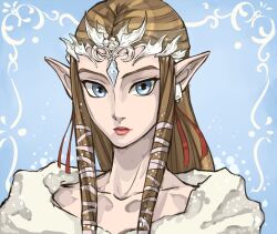Rule 34 | 1girl, alderion-al, blue eyes, brown hair, christmas, circlet, crown, jewelry, nintendo, pointy ears, princess zelda, solo, solo focus, the legend of zelda, the legend of zelda: twilight princess