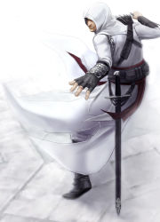 Rule 34 | 1boy, altair ibn la-ahad, assassin&#039;s creed, assassin&#039;s creed (series), blade, gauntlets, gloves, highres, hood, knife, looking back, male focus, sheath, sheathed, solo, sword, vambraces, weapon