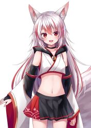 Rule 34 | 1girl, animal ears, bare shoulders, bell, black choker, black skirt, bridal gauntlets, choker, close-up, cowboy shot, crop top, crop top overhang, detached sleeves, fox ears, fox girl, fox tail, gold trim, hood, hood down, indie virtual youtuber, japanese clothes, jingle bell, kohaku ch., kure~pu, large tail, long hair, long sleeves, looking at viewer, midriff, miniskirt, multicolored hair, navel, official art, open mouth, pleated skirt, red eyes, shirt, silver hair, simple background, skirt, smile, solo, stomach, streaked hair, syusetu kohaku, tail, thighs, two-tone hair, virtual youtuber, white background, white shirt