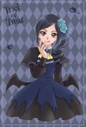 Rule 34 | 1girl, aizen (syoshiyuki), argyle, argyle background, argyle clothes, black capelet, black dress, black eyes, black hair, black wings, blue background, blue dress, blue flower, blue rose, bow, bowtie, capelet, closed mouth, cropped legs, demon wings, dress, flower, hair flower, hair ornament, halloween, halloween costume, healin&#039; good precure, highres, long hair, long sleeves, looking at viewer, parted bangs, precure, rose, sawaizumi chiyu, side ponytail, smile, solo, standing, striped bow, striped bowtie, striped clothes, striped neckwear, tongue, tongue out, trick or treat, wings