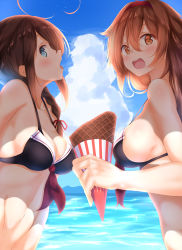 Rule 34 | 2girls, ahoge, alternate costume, bad id, bad pixiv id, bare shoulders, beach, bikini, blue eyes, blue sky, blush, braid, breasts, brown eyes, brown hair, cleavage, cloud, collarbone, day, food, from side, hair between eyes, hair flaps, hair ornament, hair over shoulder, hair ribbon, hairband, highres, holding, holding food, ice cream cone, kantai collection, long hair, looking at viewer, looking back, medium breasts, multiple girls, navel, numpopo, ocean, open mouth, orange eyes, outdoors, red hairband, remodel (kantai collection), ribbon, sand, shigure (kancolle), shiratsuyu (kancolle), sideboob, sidelocks, single braid, sky, smile, stomach, swimsuit, tongue, tongue out, upper body