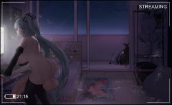Rule 34 | 1futa, aqua hair, bed, breasts, cum, erection, futanari, hatsune miku, highres, huge breasts, huge penis, huge testicles, large breasts, nipples, open mouth, penis, poster (object), sex doll, sex toy, sinensian, solo, testicles, uncensored, vocaloid