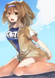 Rule 34 | 10s, 1girl, absurdres, breasts, brown eyes, cloud, day, hairband, highres, i-26 (kancolle), kantai collection, large breasts, light brown hair, long hair, looking at viewer, meru (merumumu), new school swimsuit, old school swimsuit, one-piece swimsuit, open mouth, sailor collar, school swimsuit, short sleeves, sitting, sky, solo, swimsuit, two-tone hairband, two side up, wariza, wet