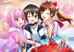 Rule 34 | #unicus (idolmaster), 3girls, absurdres, ahoge, balloon, belt, birthday cake, black hair, blue hair, blue skirt, blurry, blurry background, blurry foreground, brown eyes, brown hair, cake, closed eyes, commentary, crossed bangs, english text, floating hair, food, fruit, glint, hair between eyes, hair intakes, hand up, hands on another&#039;s shoulders, hands up, happy birthday, hat, heart, heart balloon, high-waist skirt, highres, hood, hood down, hoodie, idolmaster, idolmaster cinderella girls, jewelry, looking at viewer, multicolored hair, multiple girls, necklace, one eye closed, open clothes, open hoodie, open mouth, pink hair, ponytail, raised eyebrows, sharp teeth, shirt, shirt tucked in, short sleeves, skirt, strawberry, sunazuka akira, teeth, tsujino akari, two-tone hair, upper body, v-shaped eyebrows, white shirt, yaminabe (szhal14), yumemi riamu