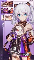 Rule 34 | 1girl, arm behind back, bare shoulders, blue eyes, closed mouth, detached sleeves, earrings, eyeliner, hand fan, highres, holding, holding fan, honkai (series), honkai impact 3rd, jewelry, logo, looking at viewer, official art, official wallpaper, red eyeliner, smile, solo, theresa apocalypse, twintails, upper body, white hair, zhuge kongming (honkai impact)