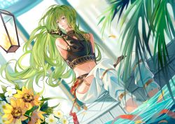 Rule 34 | absurdres, alternate costume, ambiguous gender, androgynous, bare shoulders, black gloves, craft essence (fate), earrings, enkidu (fate), fate/grand order, fate (series), flower, formal, gender request, gloves, green eyes, green hair, highres, jewelry, long hair, looking afar, pants, petals, prejun, robe, side slit, sitting, solo, talk of the hot sands, tank top, type-moon, very long hair, water, white pants